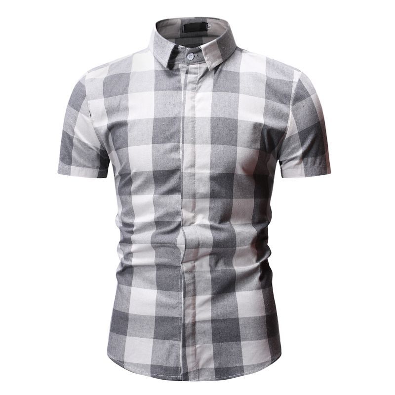 Mens Short Sleeve Checkered Button-Down Blouse White Plaid Red Shirt Mens Fashions Chemise Homme Dress Shirts Men Clothes YS55