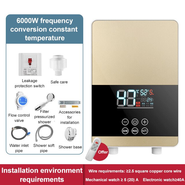 Remote Instantaneous Tankless Electric Water Heater Kitchen Instant Heating Faucet Tap Bathroom Shower Temperature Setting: Gold