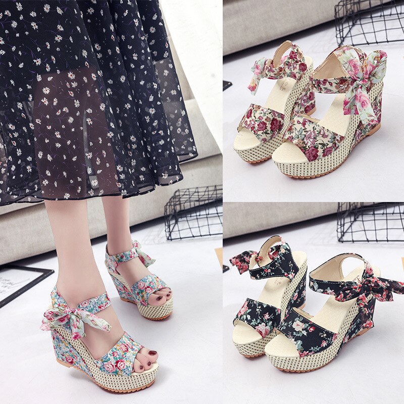 Zomer Strand Boho Bloemen Wedge Sandalen Vrouwen Enkelbandje Platform Gladiator Schoenen Vrouw Hoge Hakken Sandalias Mujer