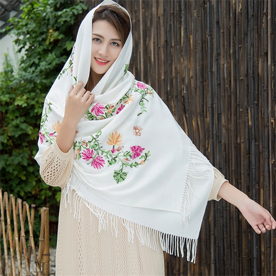 Borduren Bloemen Sjaal Vrouwen Kasjmier Katoen Viscose Sjaals Soild Plain Borduur Sjaals Moslim Kwasten Hijaabs GP02: Ivoor