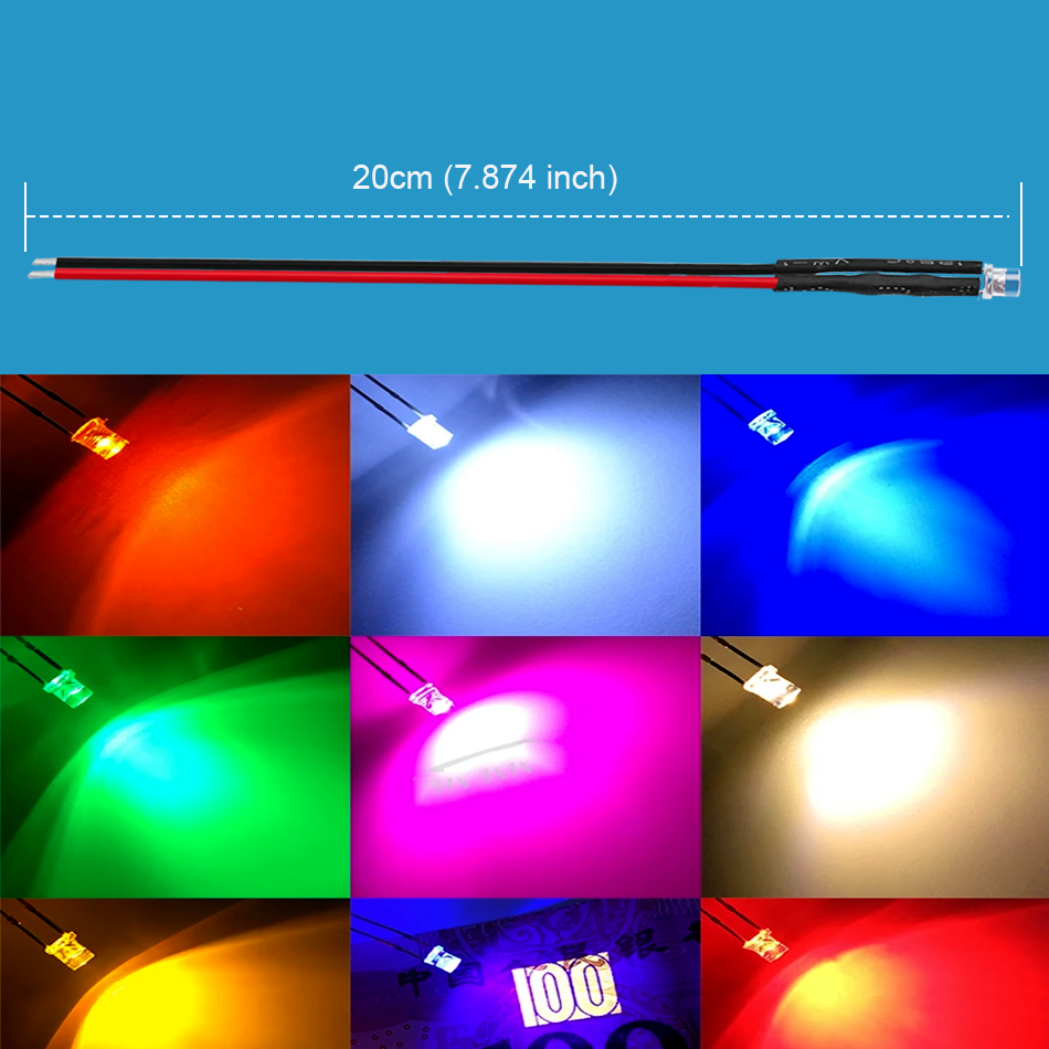 10pcs 3mm 5mm Flat LED DC 5V-12V Pre-Wired Water Clear Leds Red Yellow Blue Green White Orange Pink UV Light Lamp Bulb
