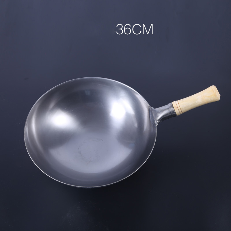 Traditional Handmade 100% Iron Wok Thickening Non Coated Round Bottom Pan Wok Cook Large Cooking Pot Wood Handle Lid: Wood 36cm
