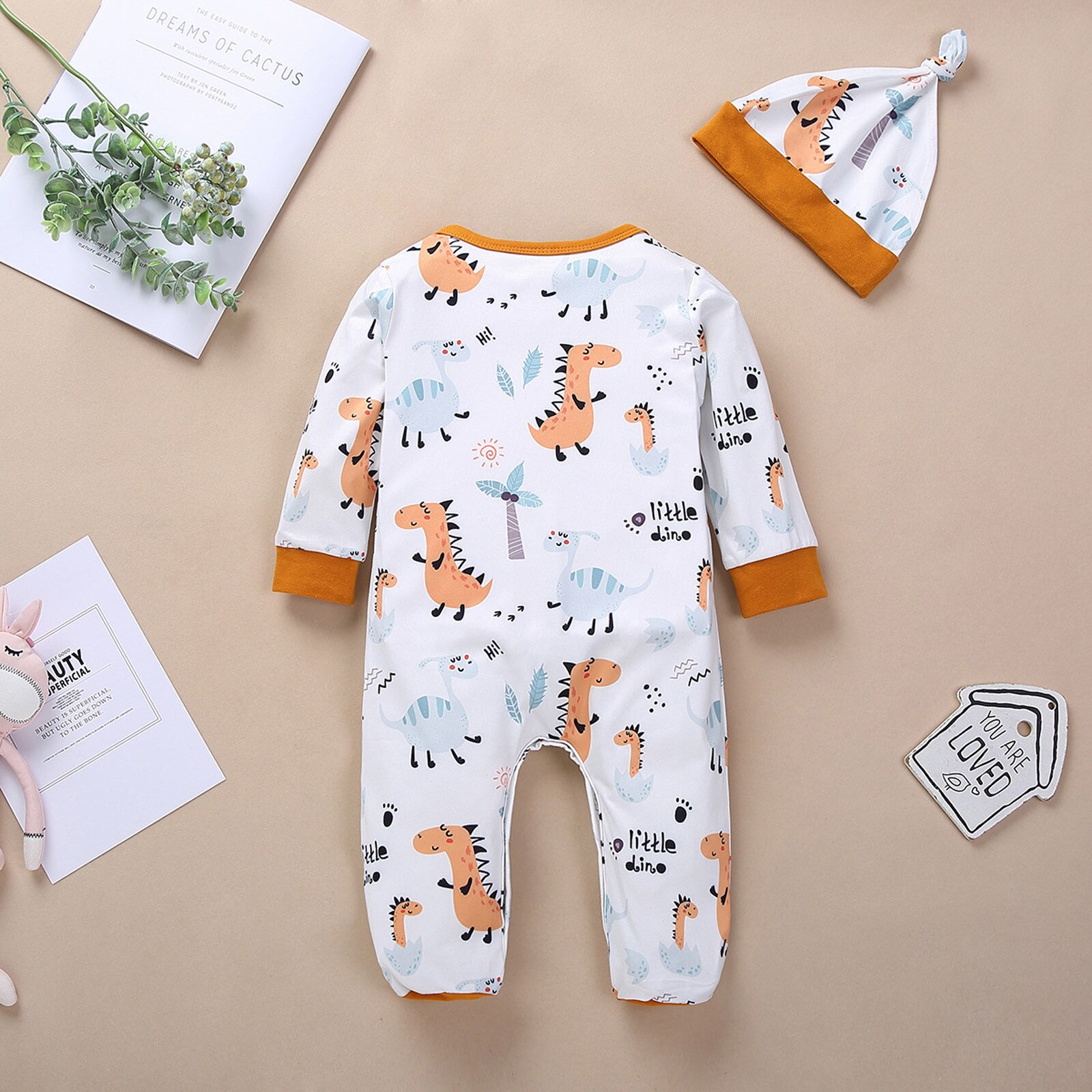 Pasgeboren Baby Baby Jongens Meisjes Cartoon Animal Print Romper Jumpsuit + Hoed Sets 0-18M Herfst Winter Baby jongen Meisje Kleding Set