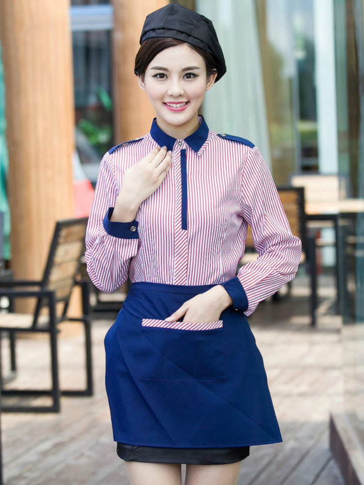 Work Wear Long Sleeved Autumn Winter Waiter Uniforms for Women and Men 2 Pcs Top / Apron