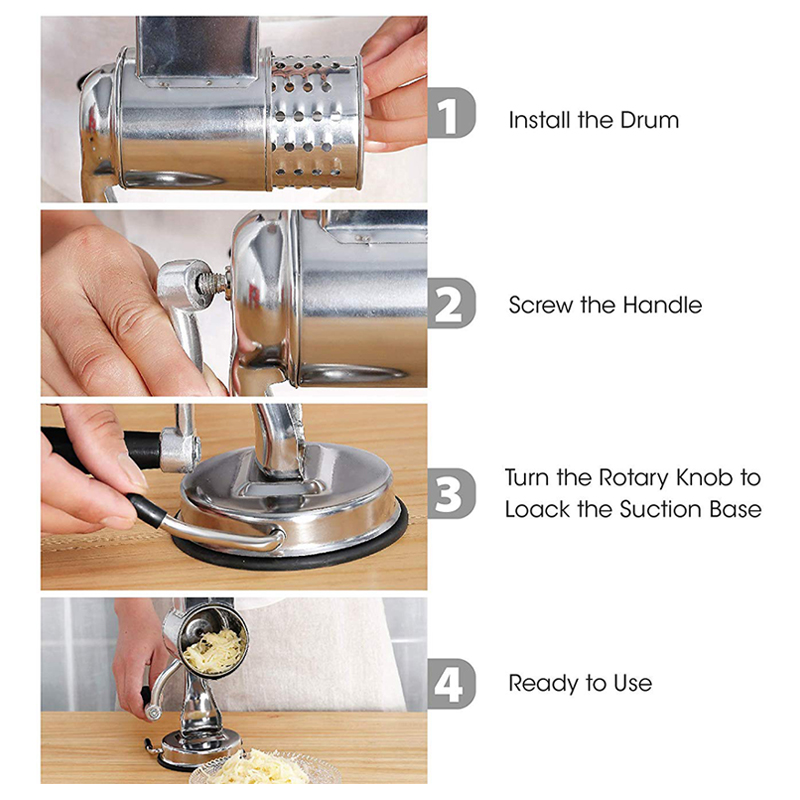 Rotary Cheese Grater Food Mills With Suction Base Cup & 1 Drum Blade for Cheese Grating and Nut Grinder