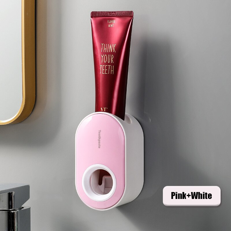 Baispo doven automatisk tandpasta klemme dispenser vægmonteret tandbørsteholder støvtæt husholdning rengøringssæt tilbehør: Lyserød