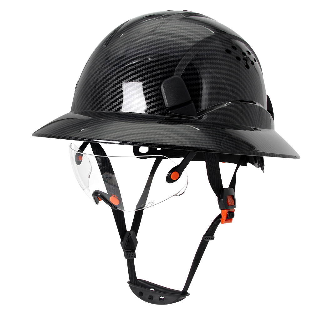 Capacete de segurança ce em fibra de carbono com aba completa e óculos de proteção, construção anticolisão, capacete de segurança ansi para engenheiros, boné de trabalho respirável.: Branco