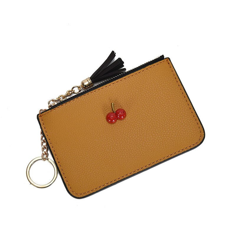 Enkel körsbär koreanskt pu-läder ultratunn klämma mjukt läderfransar dragkedja kort plånbok damkortväska noll plånbok
