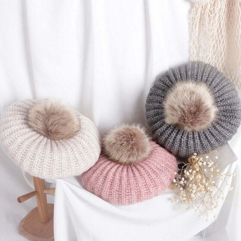 Linda gorra de boina de bolas de Pom Unisex bebé invierno Bebé abrigado sombrero de punto Casual gorra de color liso para 2-6T niños niñas niños
