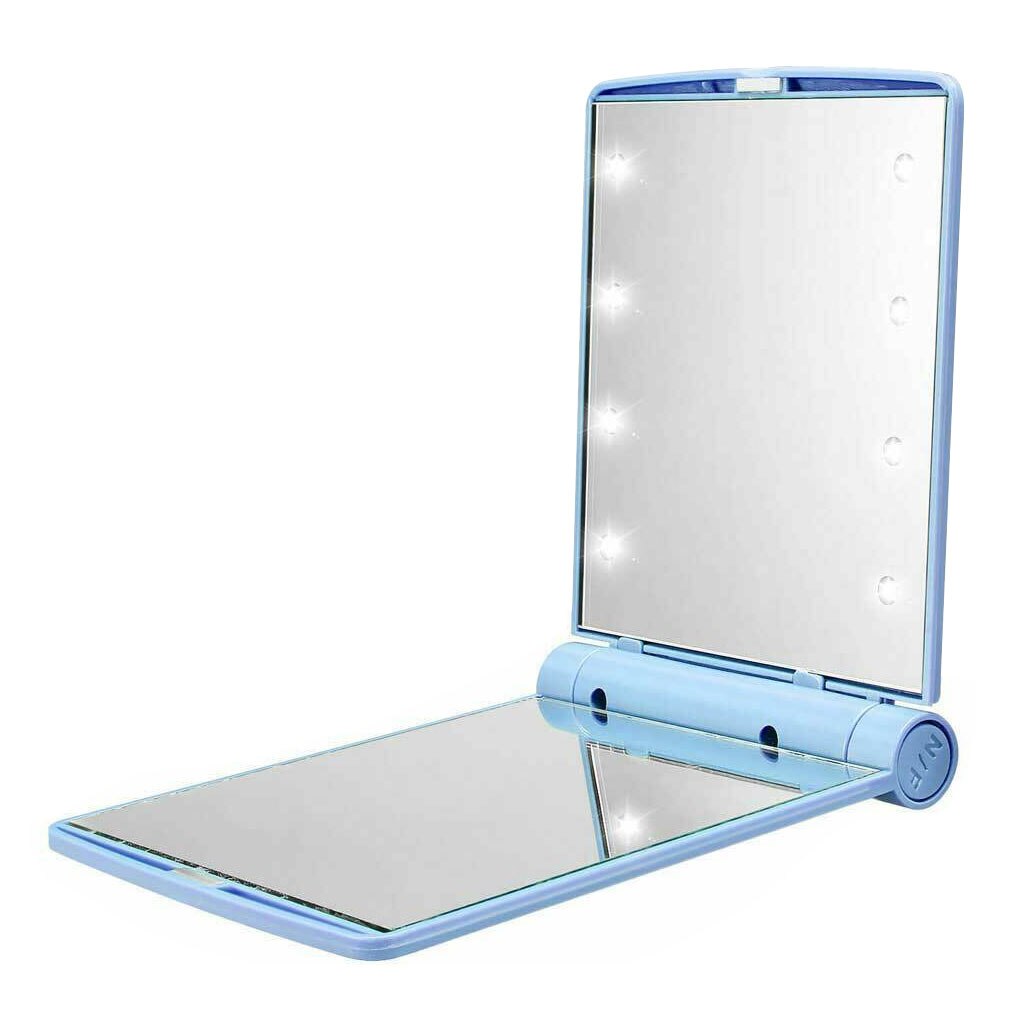 Opvouwbare Make-Up Spiegel Vrouwen Outdoor Draagbare Cosmetische Abs Plastic Opvouwbare Spiegel Met 8 Led Verlichting Lampen: Blue