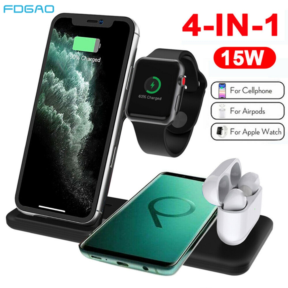 FDGAO 4 en 1 Station de charge sans fil pour Apple Watch 6 5 4 3 AirPods Qi 15W chargeur rapide Station de charge pour iPhone 12 11 XS XR