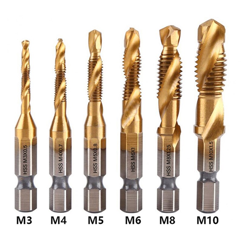 6Pcs Tap Drill Bit Hex Shank Titanium Plated HSS Screw Thread Metric Bit Screw Machine Compound Tap M3 M4 M5 M6 M8 M10 Hand Tool: 6PCS Golden