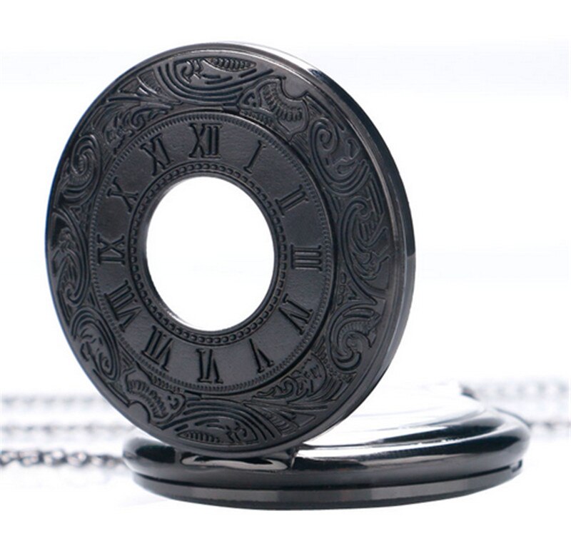 Zwart Pocketwatch Vintage Charmunisex Mode Romeinse Aantal Quartz Steampunk Zakhorloge Vrouwen Man Ketting Hanger Met Ketting