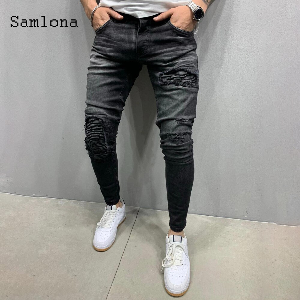 mager jeans herre denim bukse herre skrog revet bukser streetwear menn glidelås denim bukse blå hofte hopp blyantbukser