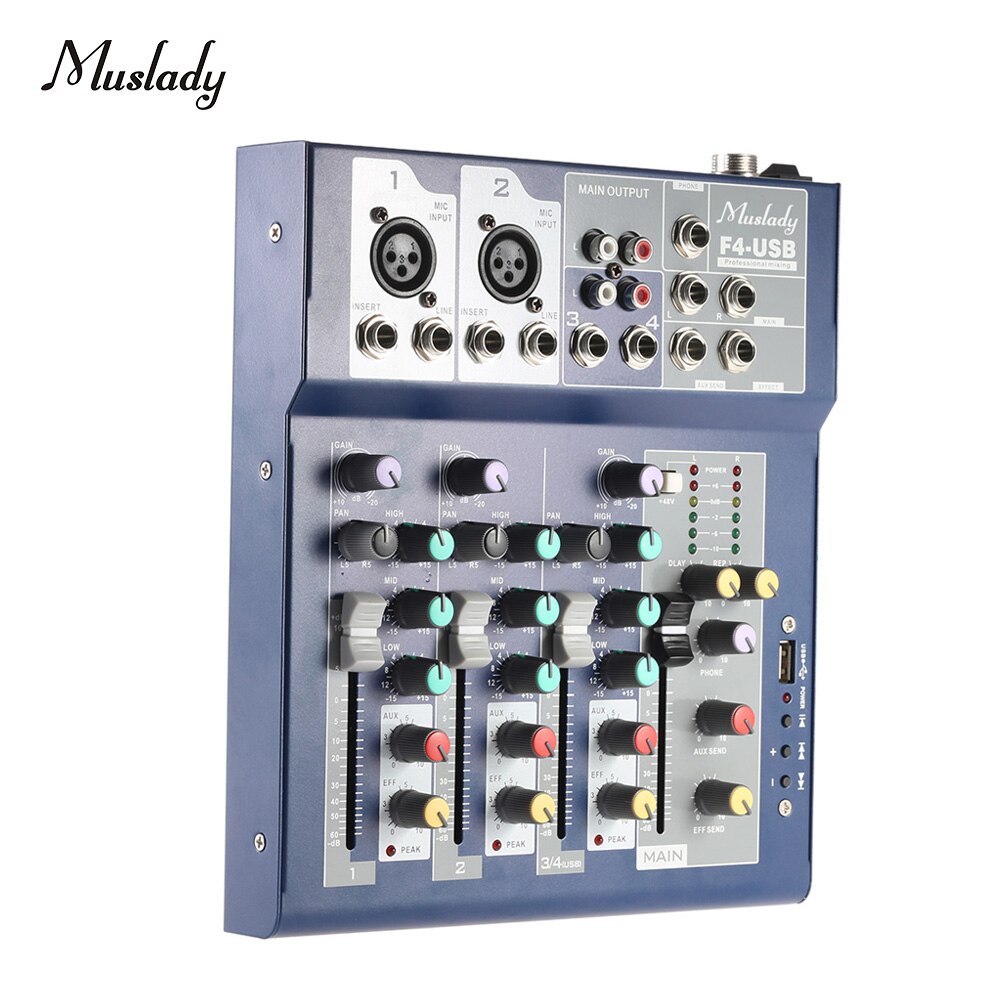 Muslady F4 Professionelle Metall 4 Kanal Live Mixing Konsole 3-Band EQ USB Funktion 48V Phantom mit bulit-in Wirkung
