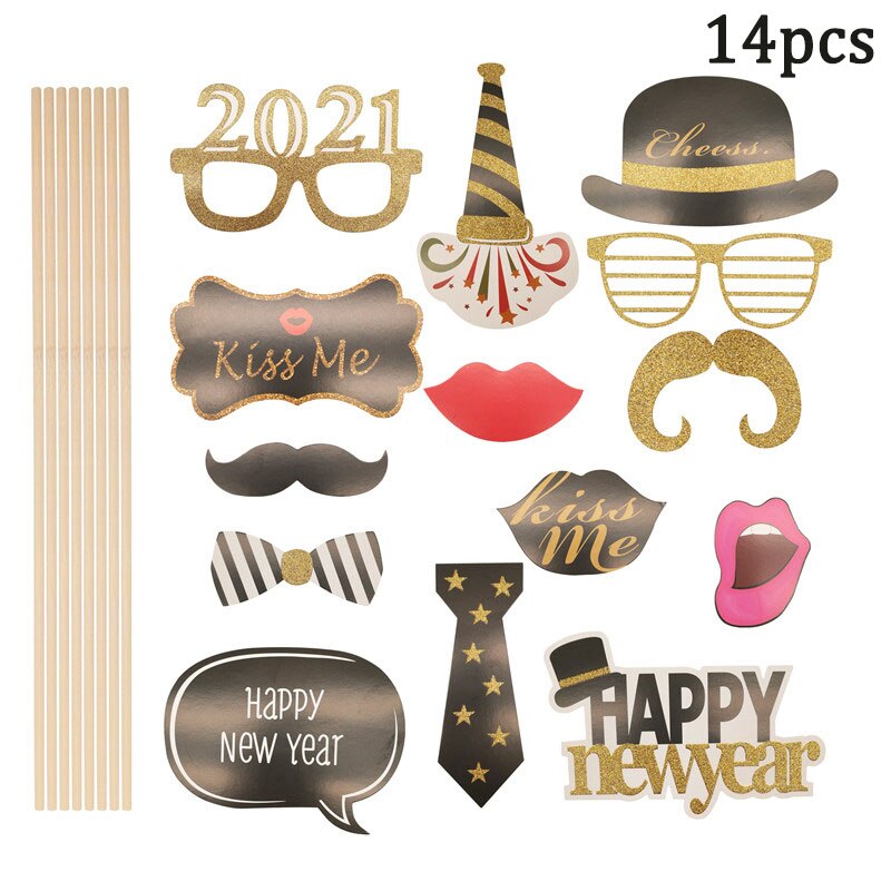 Happy Year Photo Booth Props Christmas Eve Party Decoration DIY Paper Cards Photography Decor Year Party Supplies: 14Pcs
