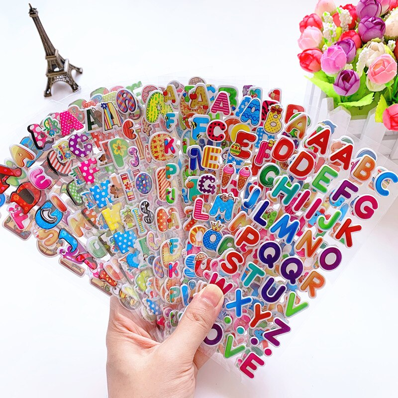 6 Sheets 3D Cartoon Stickers Waterproof Bubble PVC DIY Sticker Number Alphabet Girls Boys Kids Children GYH