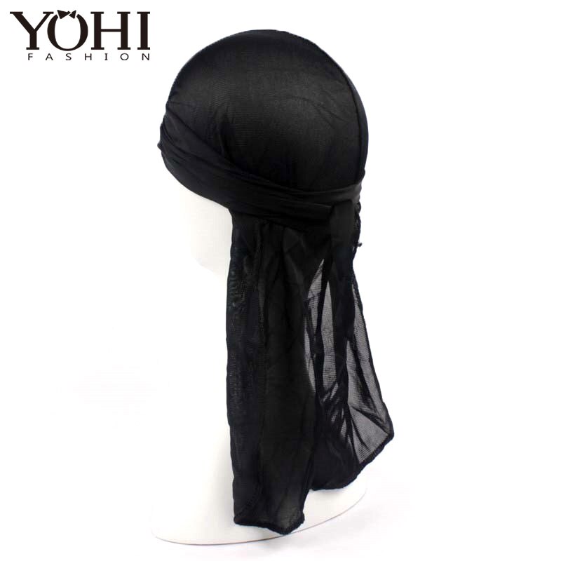 Satin Durag men Stretched Cap Hip Hop Du Doo Rag Hat Tie Down tail for men hair accessori hair accessories: black