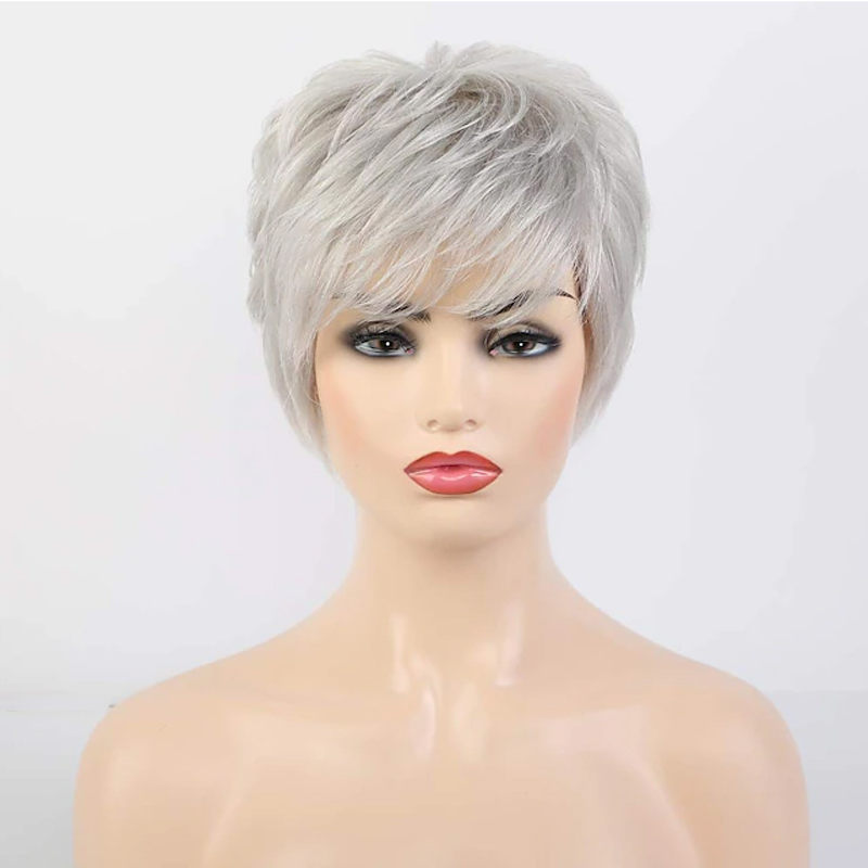 HAIRJOY Kurze graue Perücken für weiße Frauen, gemischte graue, silberne, lockige Perücken mit Pony, Oma, synthetische Kurzhaarperücken