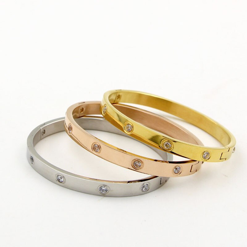 Mode Fijne Elegante Titanium Staal Plating 14K Real Gold Paar Armbanden Voor Vrouwen Sieraden Micro Inlay Zirconia Anniversary