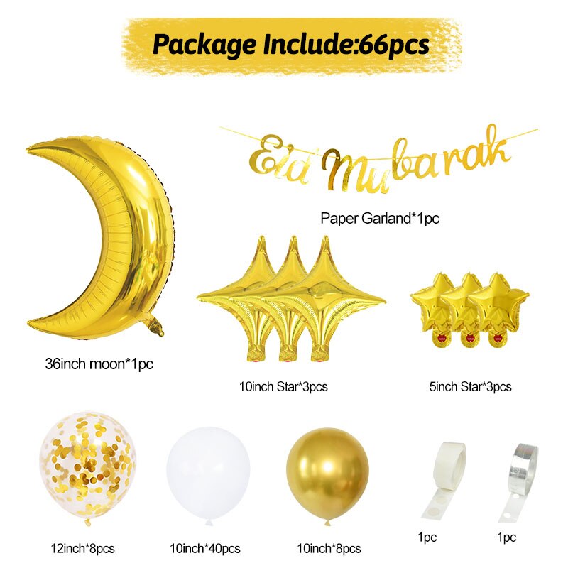 66Pcs/set Eid Mubarak Banner Moon Star Balloon Arch Garland Islamic Muslim Party Eid Al Adha Ramadan Kareem Decoration for Home