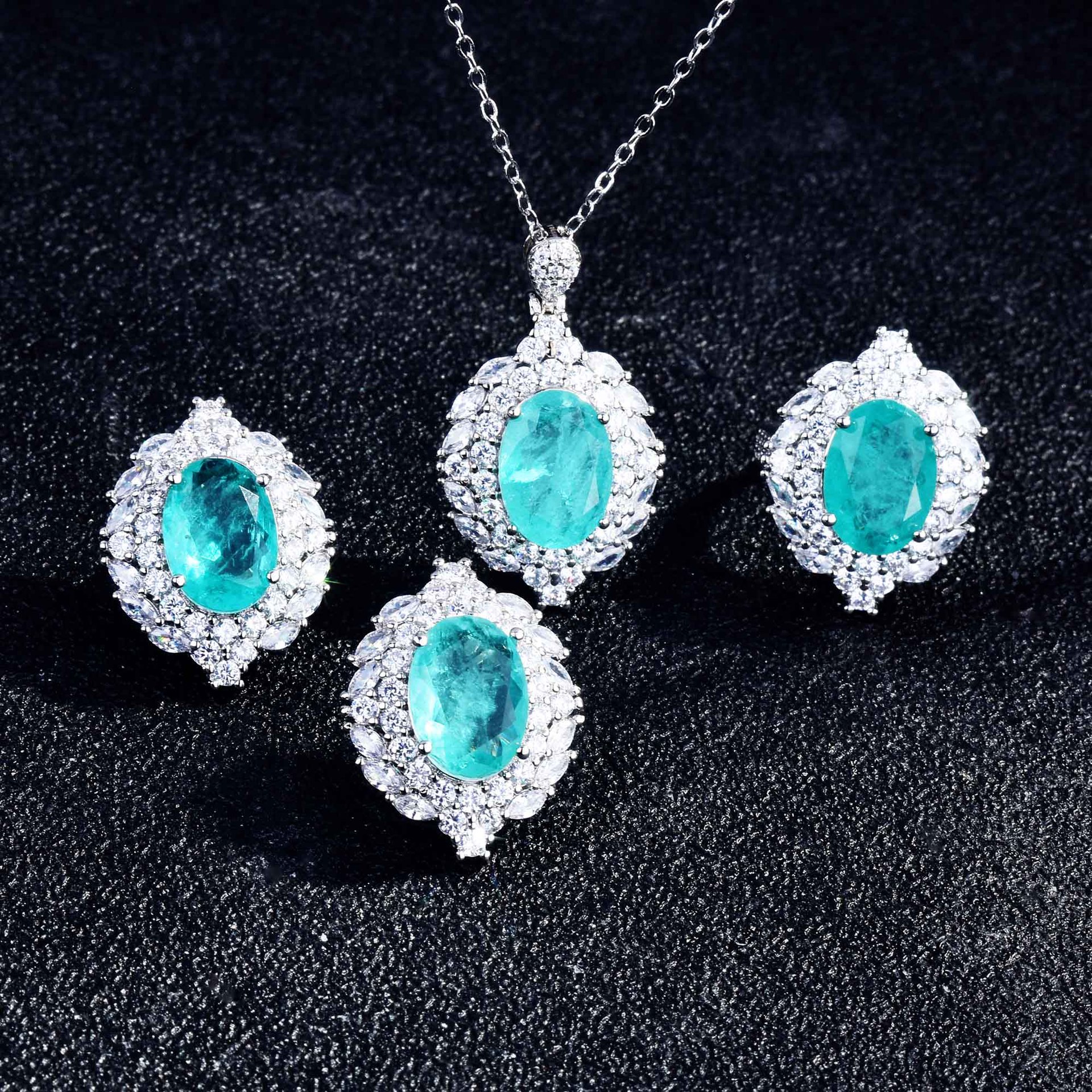 Zilver Kleur Ovale Vorm Paraiba Toermalijn Steen Sieraden Set Vintage Ring Oorbel Ketting Vrouwen Sieraden Sets