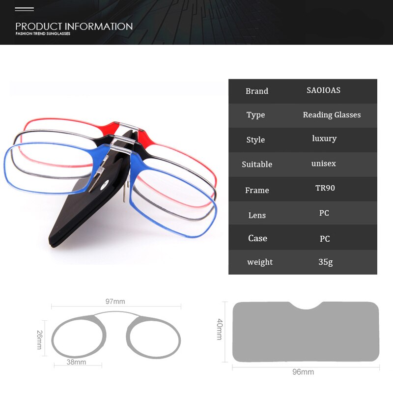 SAOIOAS Brand Mini Nose Clip Portable SOS Reading Glasses with Phone Stands Glasses Case Mini Wallet Pince Nez Optics