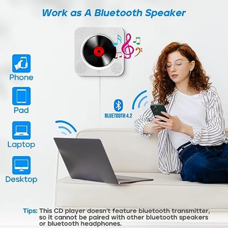 Qoosea Wall Mounted CD Player with LCD Screen, Home Infrared Remote Control, Support for CD/Bluetooth Speaker/FM Radio/USB Drive
