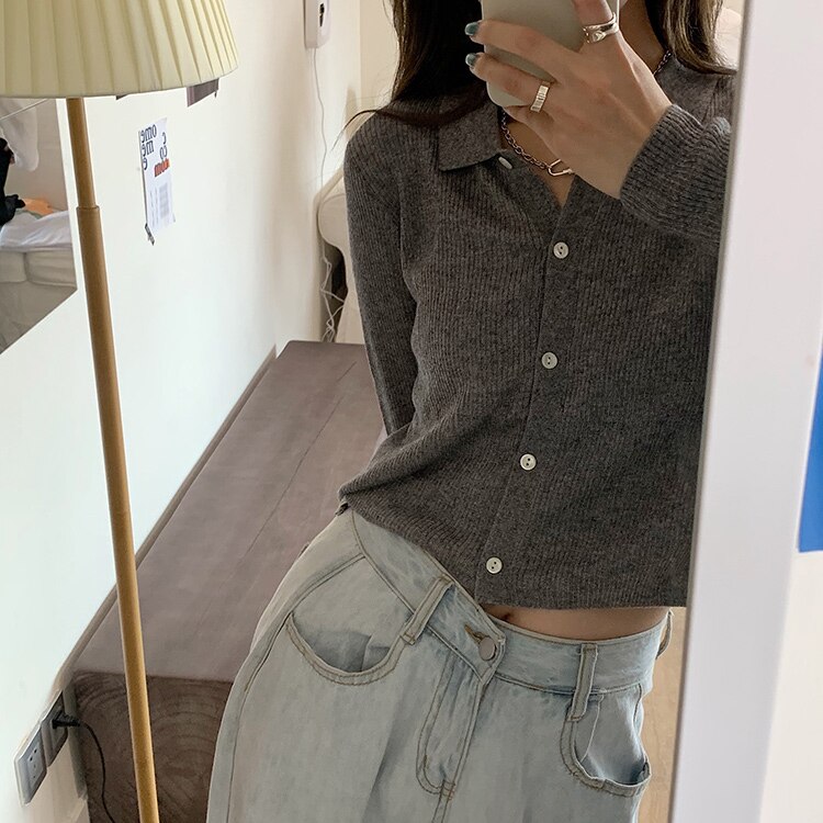 Polo col Cardigan veste femmes tricoté printemps coréen tricot Cardigans culture tricoté doux pull pour les femmes: gray