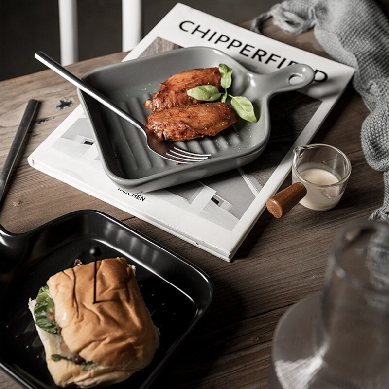 Matte Ceramic Baking Plates Unique Square Individual Pasta Lasagna Dish with Single Handle Small Dinner Plates HKS99