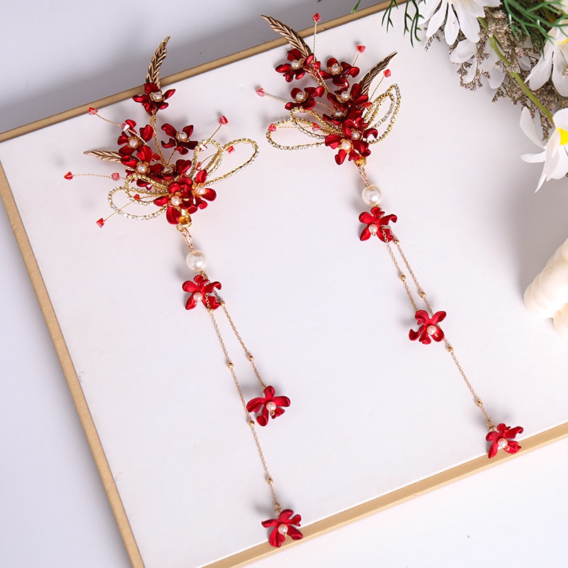 Horquilla con borla de flor roja, Clip de pelo lateral de estilo tradicional chino, tocado de hada para niñas, joyería para el cabello de novia para boda,