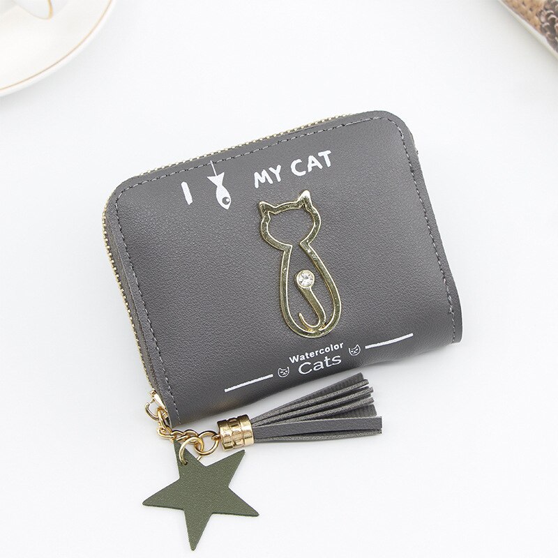 Portemonnee dames mini kwastjes portemonnee dames mini portemonnees koreaanse studenten mooie metalen katten portemonnee dames kleine portemonnees: Grijs