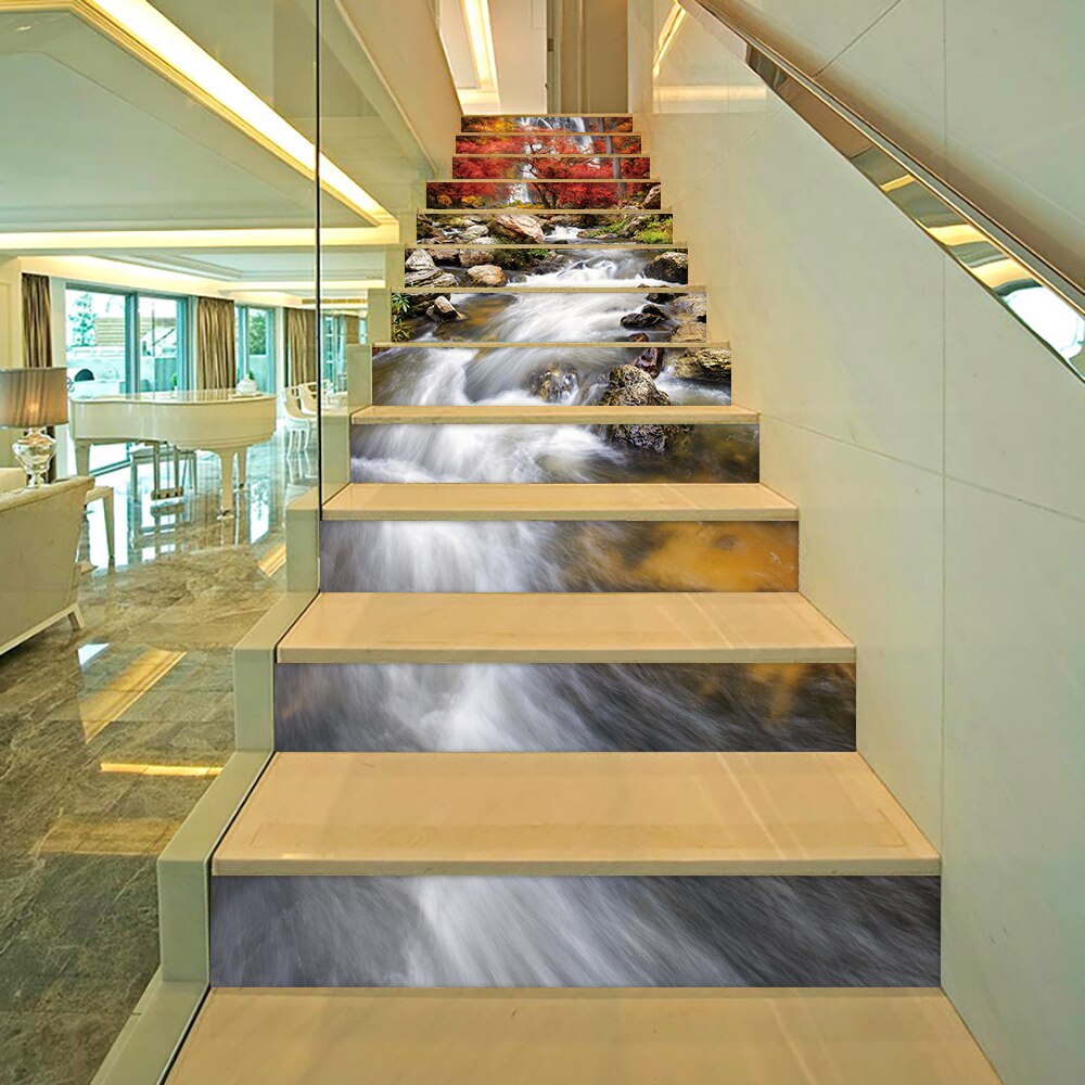 Pegatina para decoración de escaleras, calcomanías artísticas autoadhesivas de PVC, con de cascada, río, casa y escaleras