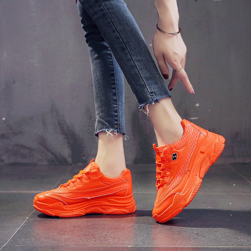 Høst kvinner joggesko gul grønn oransje kvinner fritidssko plattform tykk såle godteri farge pustende mesh kvinner sko chunky