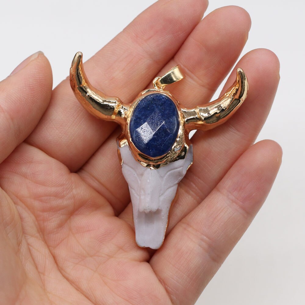 Vintage étnico touro crânio osso de vaca e ametistas lapis lazuli pingente encantos pingentes para fazer jóias diy colar 46x46mm: Lapis Lazuli