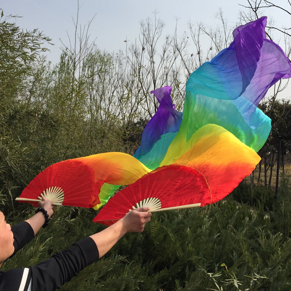 Gratis gemengde Regenboog kleuren 100% echte zijde lange Fan Veils voor Buikdansen of Show