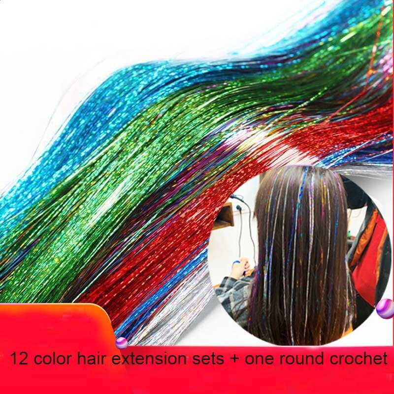 Hår tinsel strands kit, tinsel hair extensions, fairy hair tinsel kit for kvinner jenter med verktøy  (12 farger)