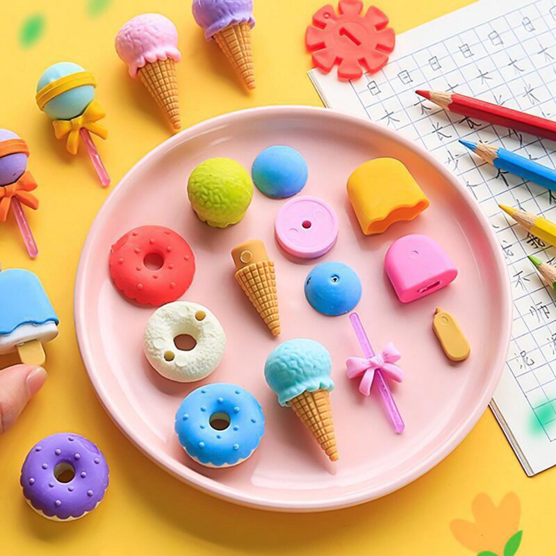 Dessert Erasers Set Mini Rabbit Lollipop Icecream Popsicle Donuts Rubber Pencil Eraser for Kids Funny School Student 4pcs
