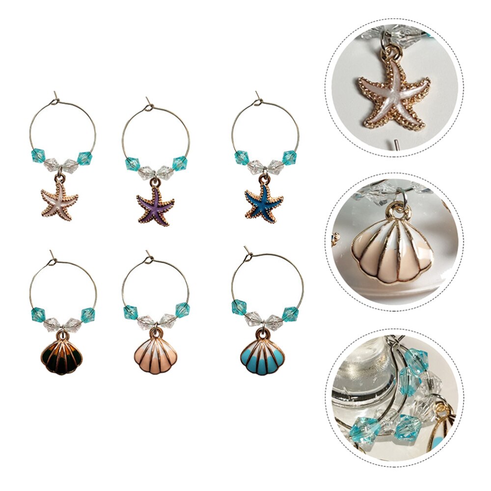 6Pcs Shell Hanger Glas Ringen Identificeren Label Ring Oceaan Stijl Glas Marker