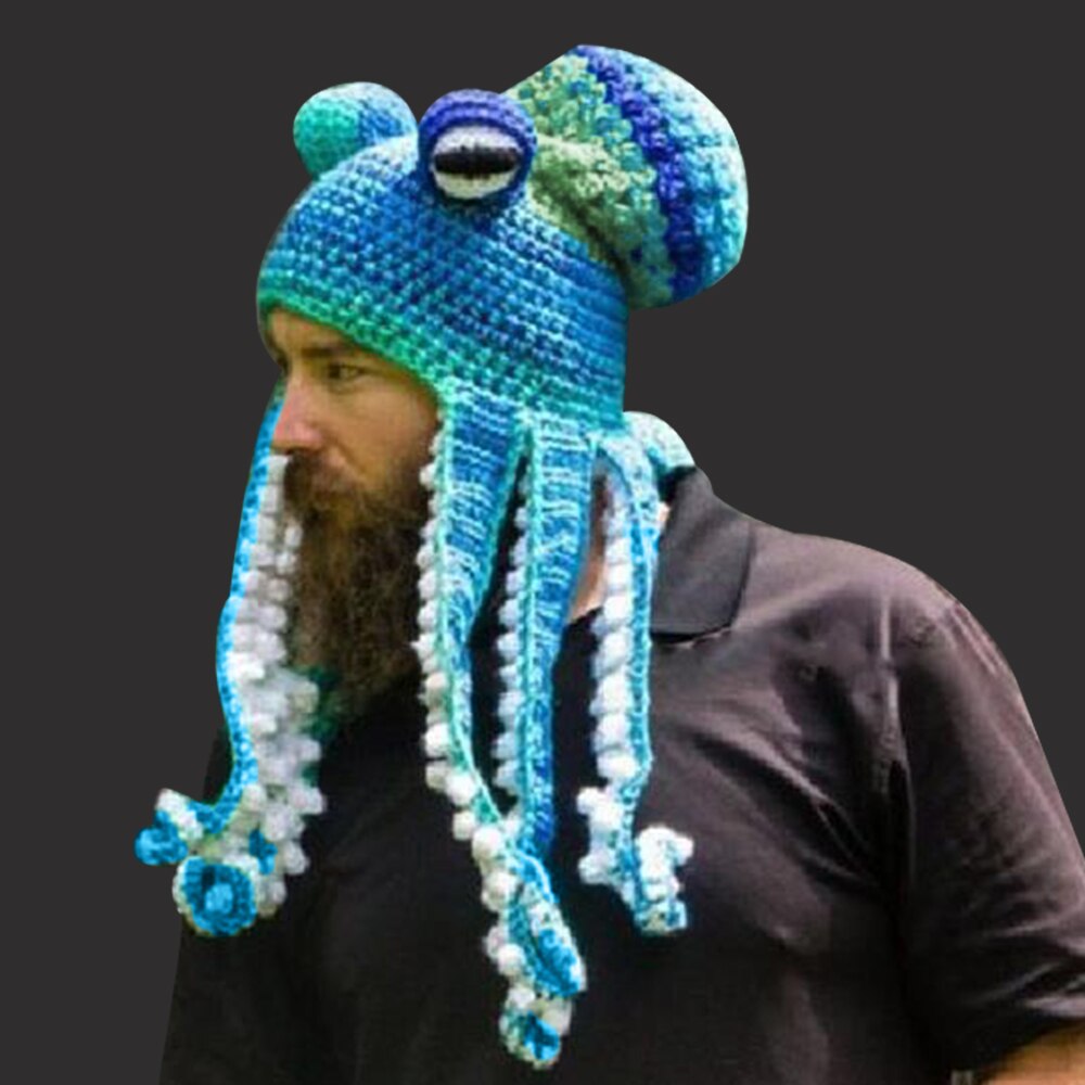 Knit Octopus Hats Beard Hand Weave Wool Christmas Cosplay Party Funny Tricky Headwear Warm Winter Men Hat Bonnet: Blue