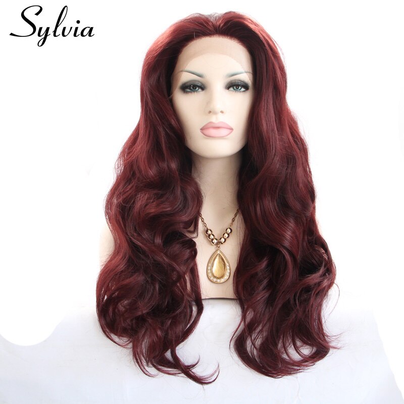 Sylvia Wine Red Color Long Body Wave Wigs Synthetic Lace Front Wig 99j# Heat Resistant Fiber Hair For Women