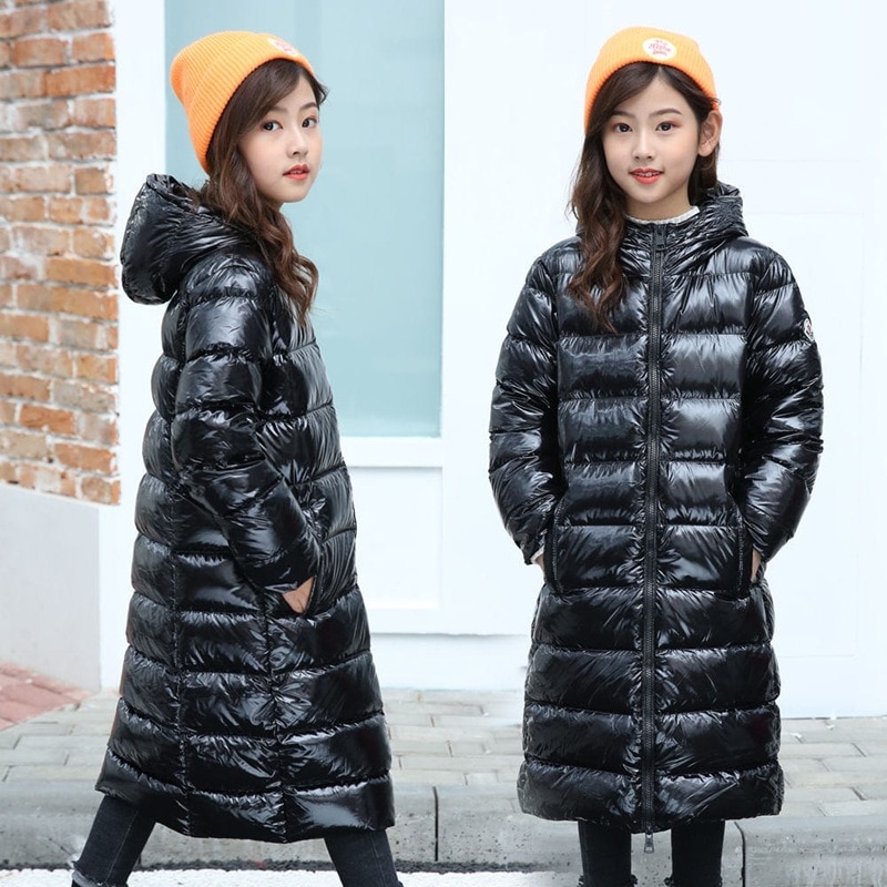 Vinter dunjacka för pojkar och flickor tjock varm glänsande stil barn dun lång parkas kappa barn ytterkläder för 110-160cm