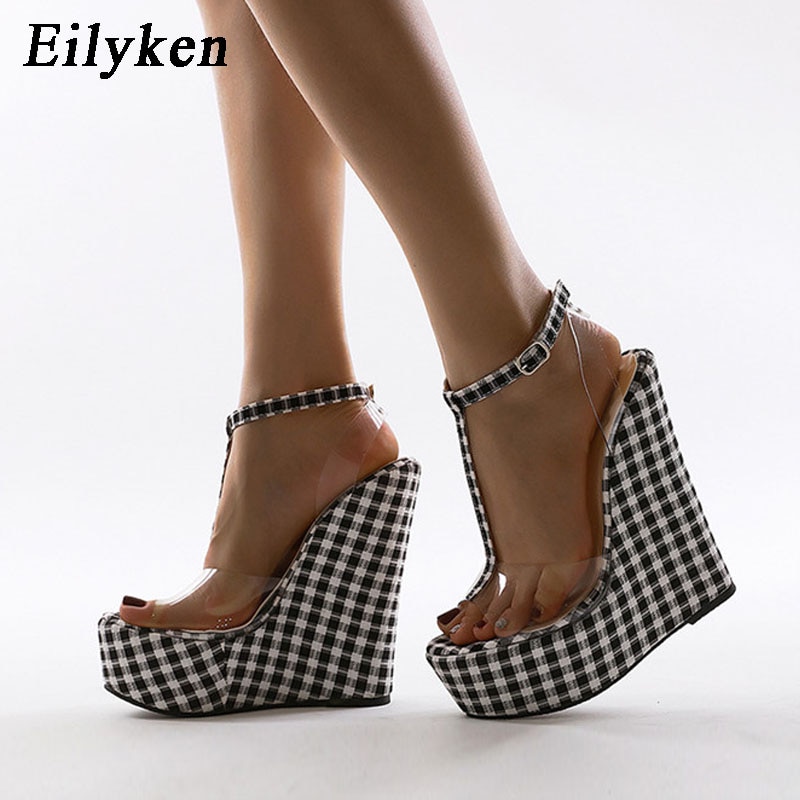 Eilyken-Sandalias de cuña de suela gruesa para mujer, calzado con hebilla y correa al tobillo de plataforma, tacones altos de estilo Gingham, zapatos transparentes de PVC