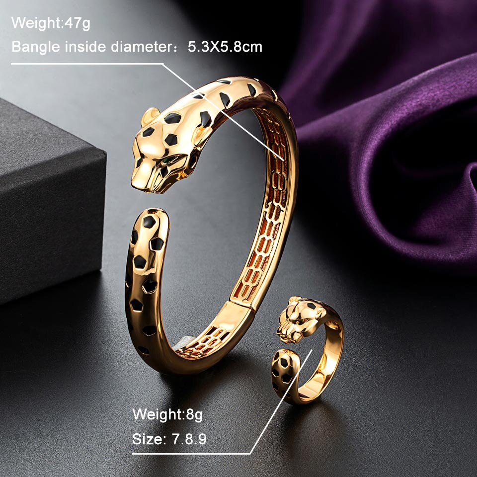 Zlxgirl Statement Punk Black Spots Leopard bangle with Ring set Animal Panther bracelet for Women Party free ship