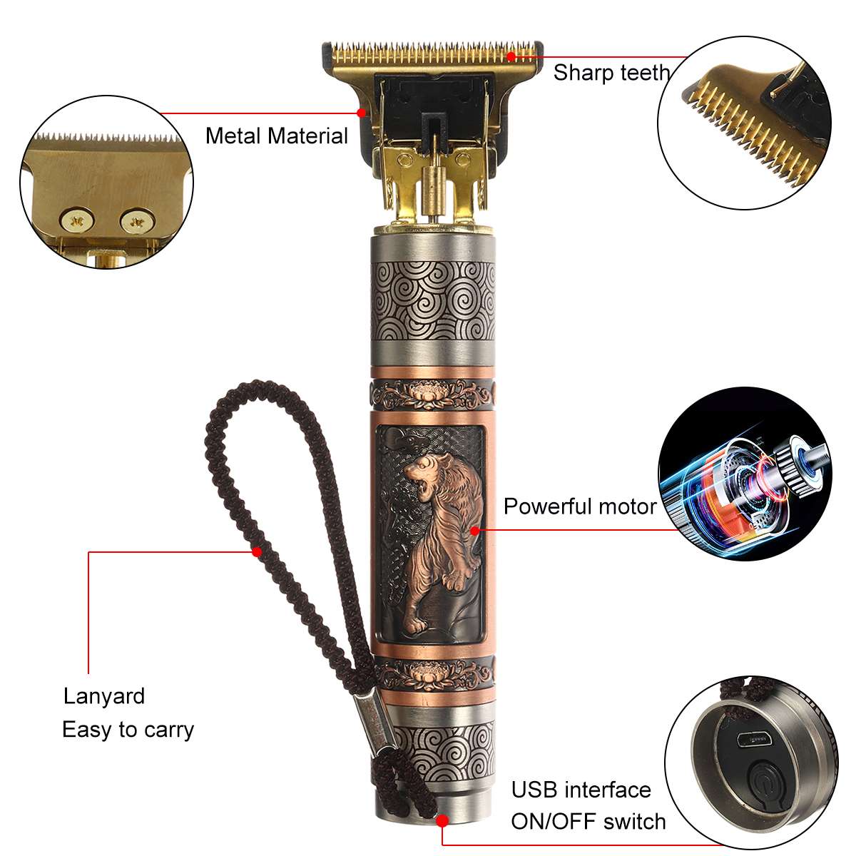 USB Bald Head Hair Clipper Trimmer Heavy Hitter Shaving Rechargeable Cordless Hair Cutter Buddha Dragon Tiger 0mm T Blade Head
