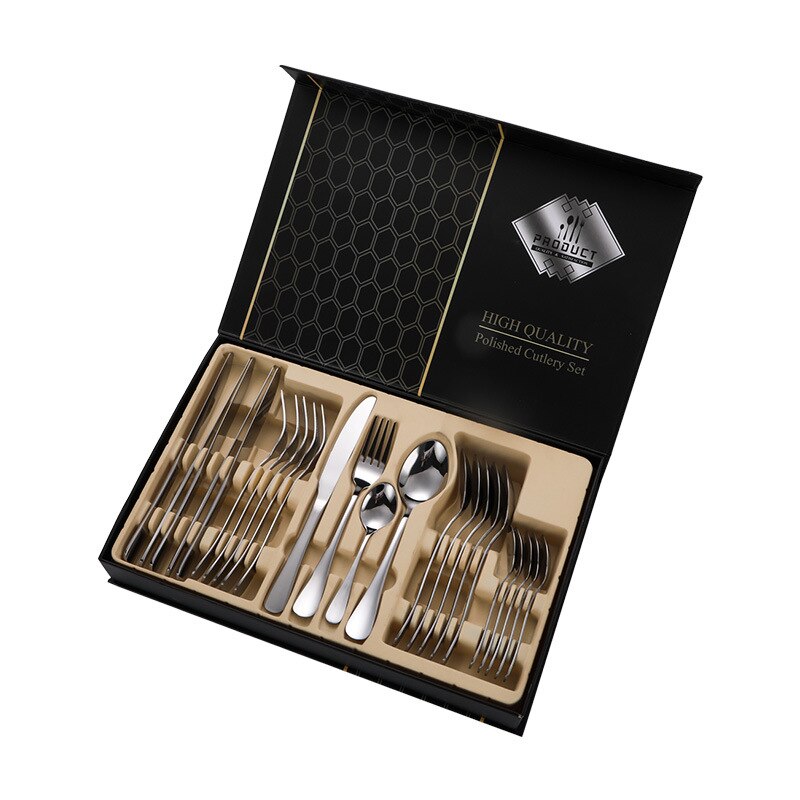 24PCS Western Kitchen Dinnerware Stainless Steel Cutlery Steak Knives Forks Dessert Spoon Tableware Set Box Party Wedding: 24PC Silver Box