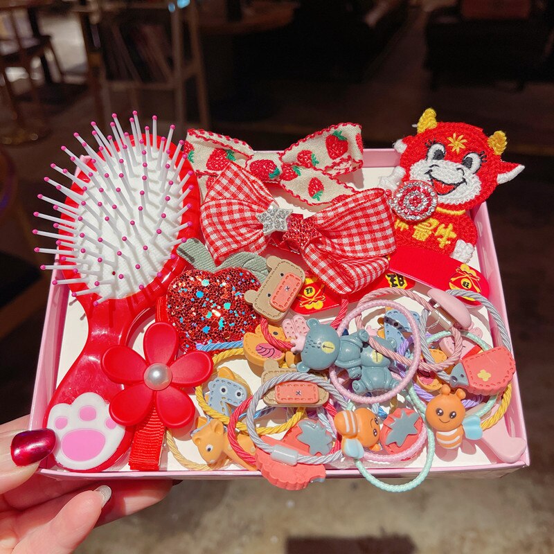 Set di fermagli per capelli da 28 pezzi accessori per capelli carini copricapo da ragazza fiocco fiore forcine per animali fascia per capelli cartone animato copricapo elastico regalo: 28pcs red