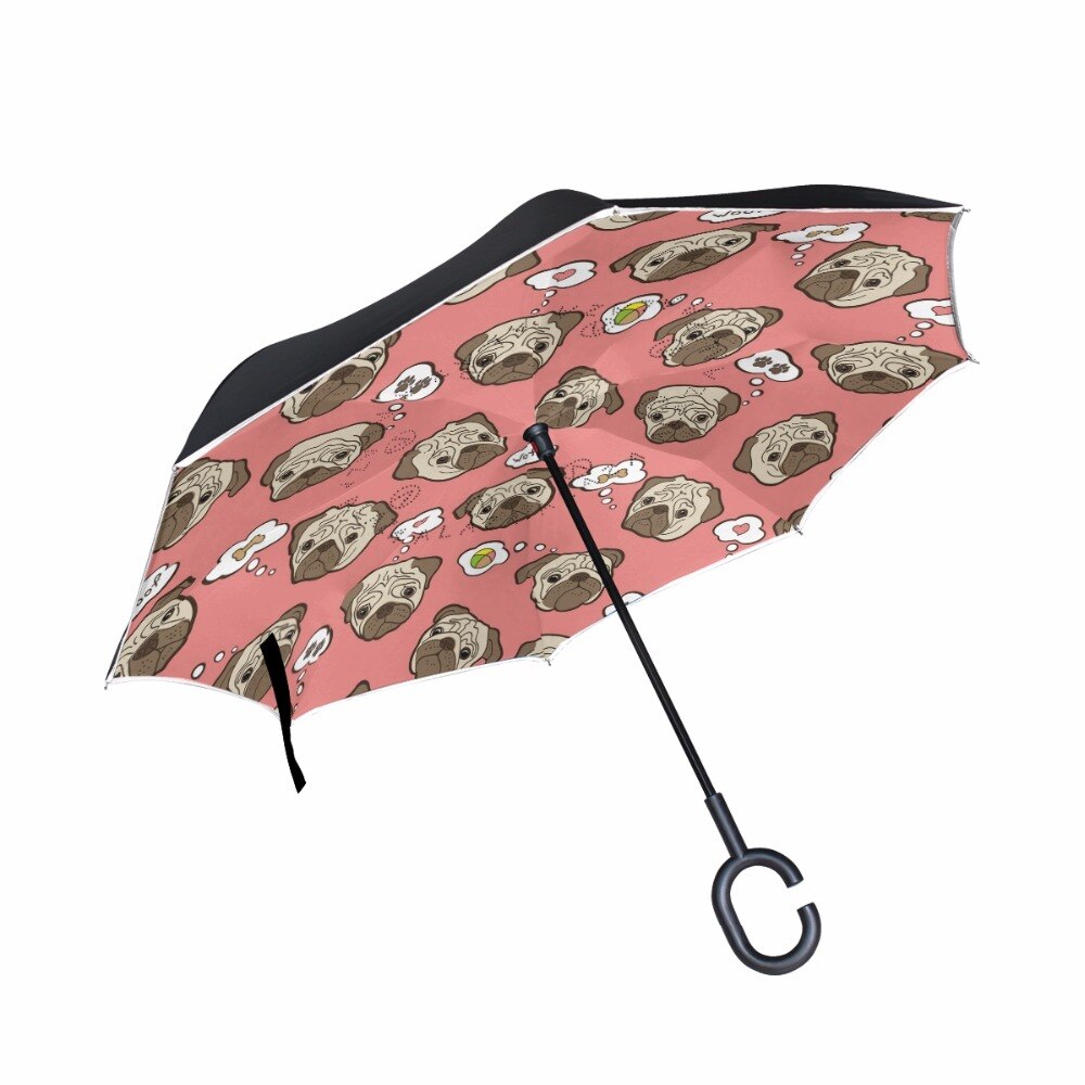 Pug Dog Windproof Reverse Folding Double Layer Inverted Umbrellas Self Stand Rain Sun Protection C-Hook For Car