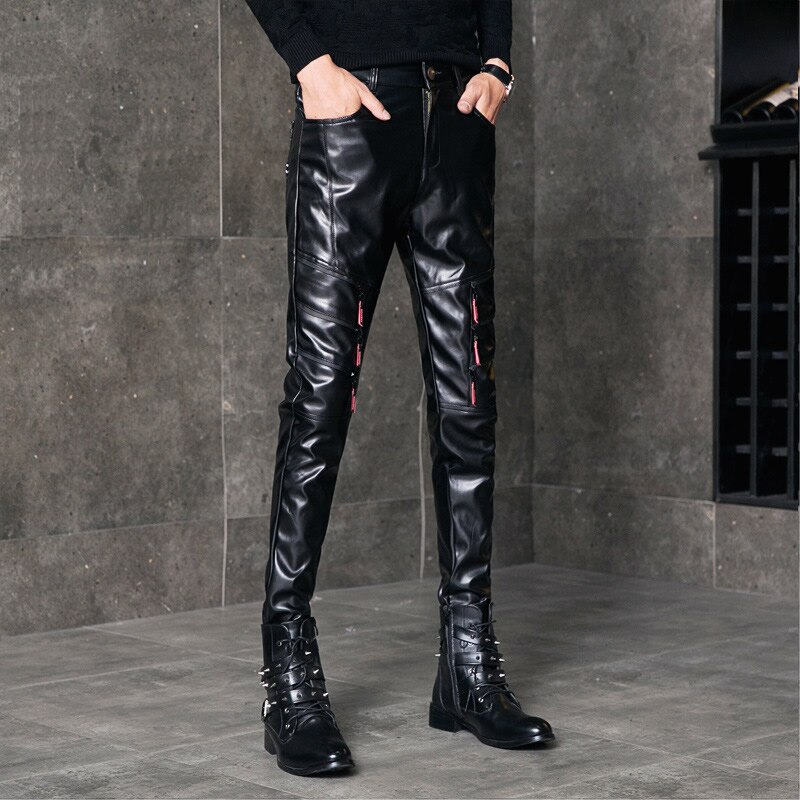 Los hombres de imitación de cuero negro pantalones ajustados etapa Club pantalones Rock ropa informal estilo Hip hop de la motocicleta chaqueta a prueba de viento cálido PU pantalones de cuero