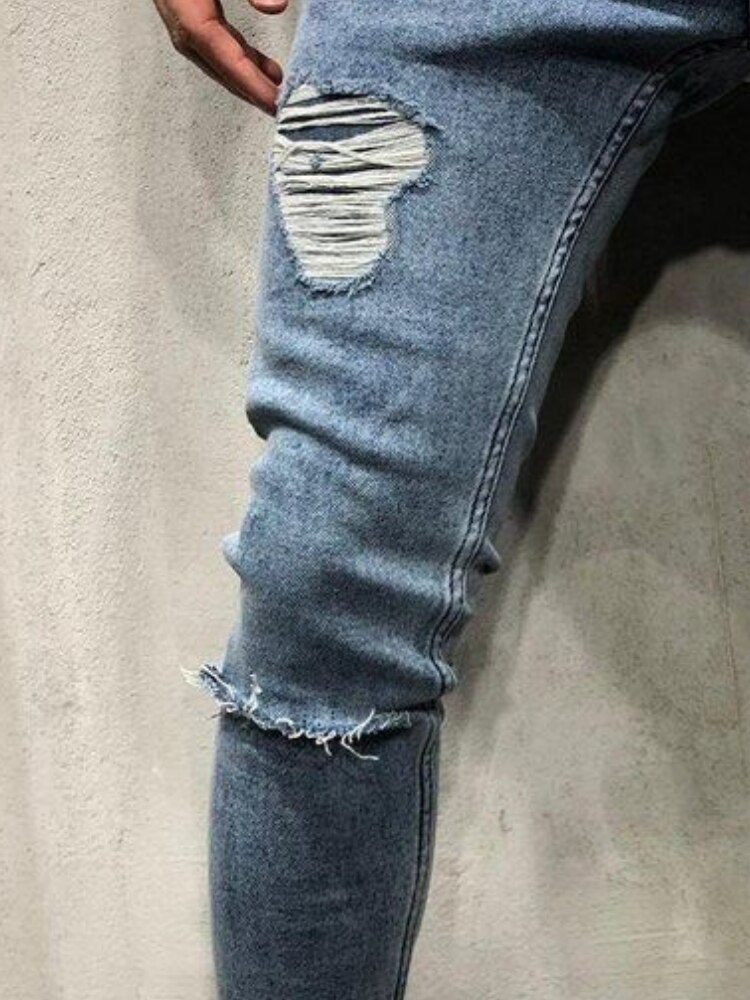Ripped Skinny Jeans Mannen Blauw Potlood Broek Mannelijke Slanke Biker Denim Broek Gat Punk Casual Close-Fitting Broek